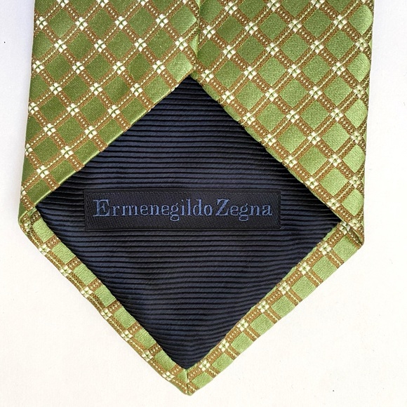 ERMENEGILDO ZEGNA GREEN BROWN WHITE DIAMOND PRINT JACQUARD SILK NECK TIE - Picture 5 of 7